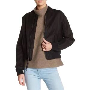 VINCE Classic Sleek Linen Blend Cropped Black Bomber Jacket Womens Size S
